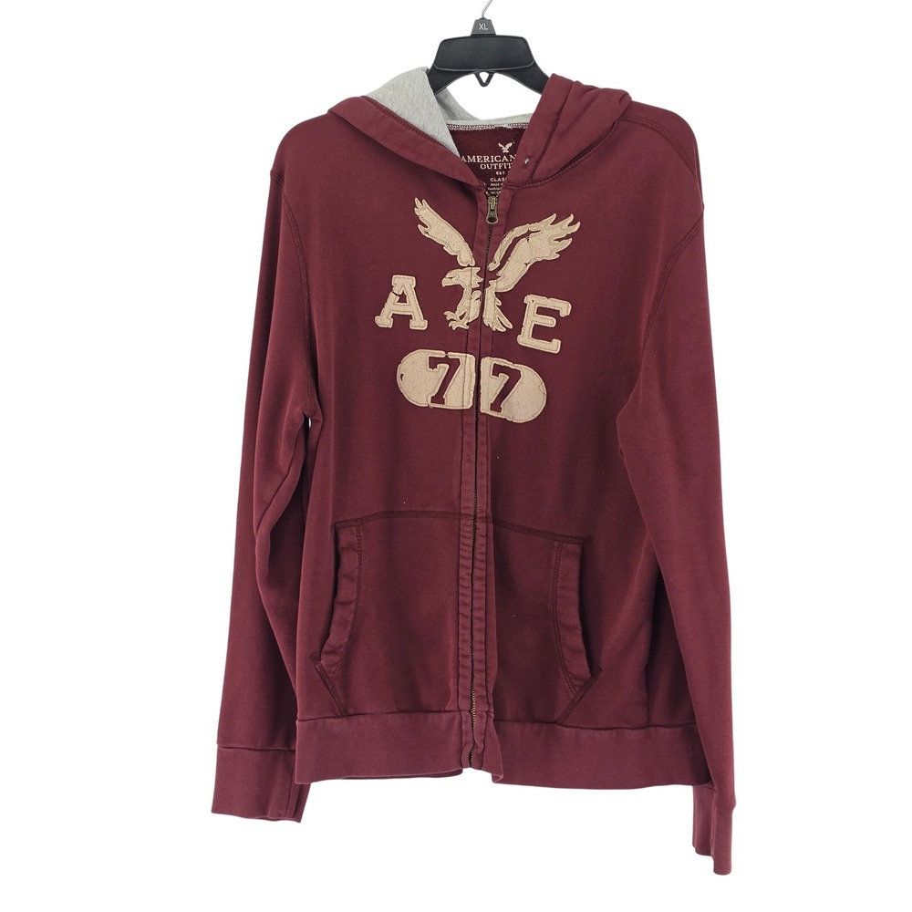 American Eagle Zip Up Hoodie Mens Large Maroon AEO 77 Eagle Graphic Fleece Y2K
